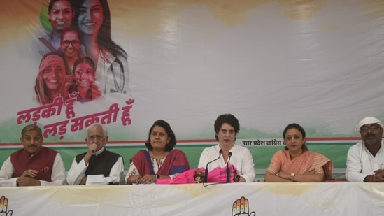 Priyanka announces 40 percent tickets to women in 2022 assembly elections in UP during her press conference in Lucknow on Tuesday October 19, 2021.&nbsp;(Photo by Deepak Gupta Hindustan Times)