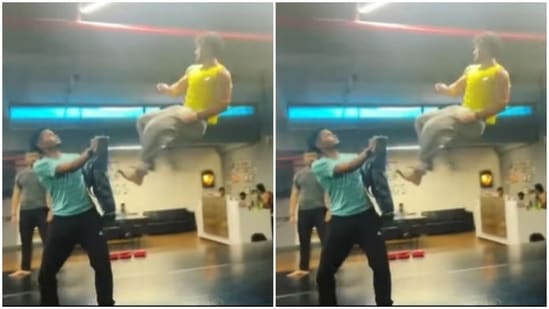 Tiger Shroff aced this gymnastic position. In this video, he can be seen jumping on air and swirling his own body four times before coming back down on the ground.(Instagram/@tigerjackieshroff)