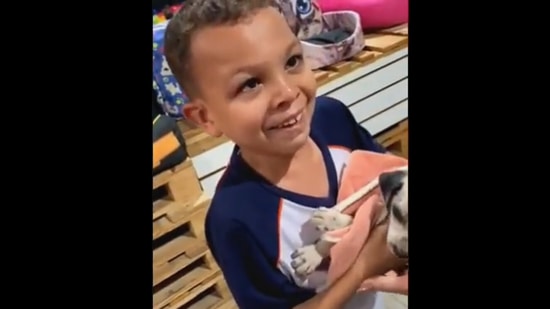 This little boy's reaction to seeing a puppy will tug at your heartstrings. Screengrab