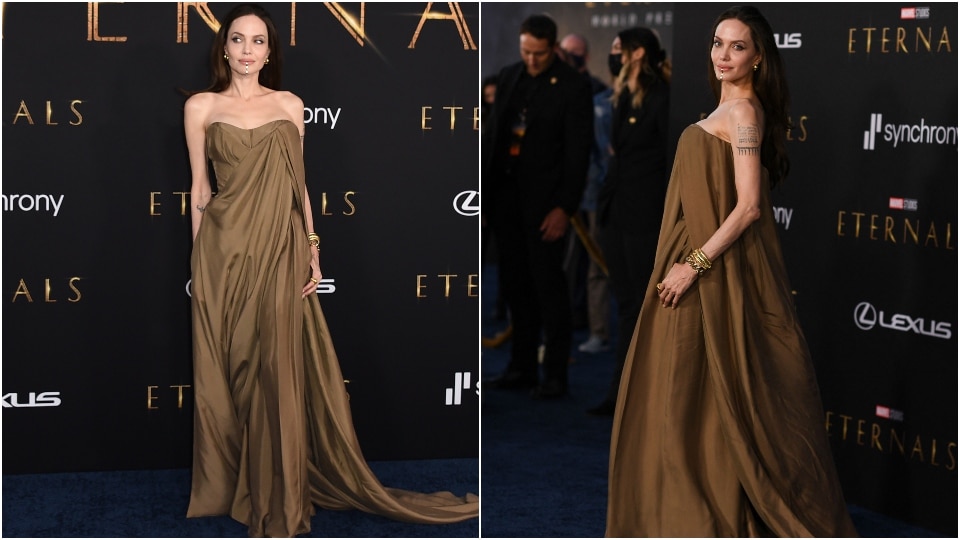 Angelina Jolie Attends LA Premiere of 'Eternals' With Her Kids, Wearing  Balmain Resort 2022 Brown Draped Corset and Pants Look + Zahara Jolie-Pitt  Rocks Mom's 2014 Oscars Dress by Elie Saab –