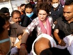 Congress leader Priyanka Gandhi Vadra being stopped by Police on their way to Agra, in Lucknow on Wednesday.(ANI)