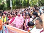 BJP Mahila Morcha protests against Odisha home minister DS Mishra.