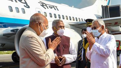 President Ram Nath Kovind being received by Governor of Bihar Phagu Chauhan and Chief Minister Nitish Kumar on his arrival in Patna. (PTI) President Ram Nath Kovind being received by Governor of Bihar Phagu Chauhan and Chief Minister Nitish Kumar on his arrival in Patna. (PTI)