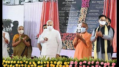 Prime Minister Narendra Modi inaugurates the Kushinagar International Airport, in Kushinagar on Wednesday. Uttar Pradesh Chief Minister Yogi Adityanath, Governor Anandiben Patel and other dignitaries are also seen. (ANI Photo) Prime Minister Narendra Modi inaugurates the Kushinagar International Airport, in Kushinagar on Wednesday. Uttar Pradesh Chief Minister Yogi Adityanath, Governor Anandiben Patel and other dignitaries are also seen. (ANI Photo)