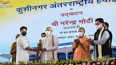 SP chief Akhilesh Yadav alleged that the BJP didn’t contribute “even a brick” for the foundation of Kushinagar International Airport, which was inaugurated by Prime Minister Narendra Modi on Wednesday. (PTI Photo)