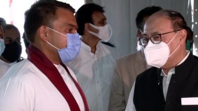 Sri Lanka minister Namal Rajapaksa (left) with India's foreign secretary Harsh Vardhan Shringla (ANI)