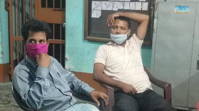 Samar Das (38) and Raju Deb (37) were arrested by Silchar police for involvement in defacing of government hoardings written in Assamese language. (HT Photo) Samar Das (38) and Raju Deb (37) were arrested by Silchar police for involvement in defacing of government hoardings written in Assamese language. (HT Photo)