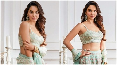 Kiara Advani will inspire you to ditch red this Karva Chauth in bespoke ₹2 lakh aqua lehenga (Instagram/@anitadongre) Kiara Advani will inspire you to ditch red this Karva Chauth in bespoke ₹2 lakh aqua lehenga (Instagram/@anitadongre)