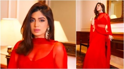 For accessories, Bhumi Pednekar wore huge statement earrings and a few bangles. (Instagram/@bhumipednekar) For accessories, Bhumi Pednekar wore huge statement earrings and a few bangles. (Instagram/@bhumipednekar)