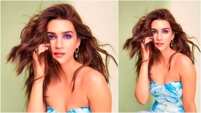 To complement her look, Kriti Sanon wore a pair of small blue and orange earrings and a few blue rings on her fingers. (Instagram/@kritisanon) To complement her look, Kriti Sanon wore a pair of small blue and orange earrings and a few blue rings on her fingers. (Instagram/@kritisanon)