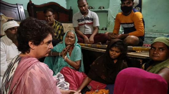 Congress leader Priyanka Gandhi Vadra meets the family of the sanitation worker who alleged died in police custody in Uttar Pradesh, on Wednesday.