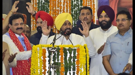 Punjab chief minister Charanjit Singh Channi during a state-level function on the occasion of Balmiki Jyanti in Amritsar.