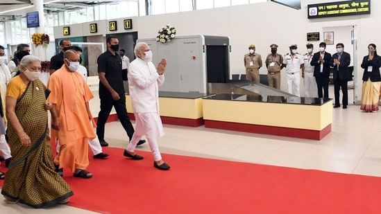 Prime Minister Narendra Modi arrives at Kushinagar International Airport on Wednesday.(ANI Photo)