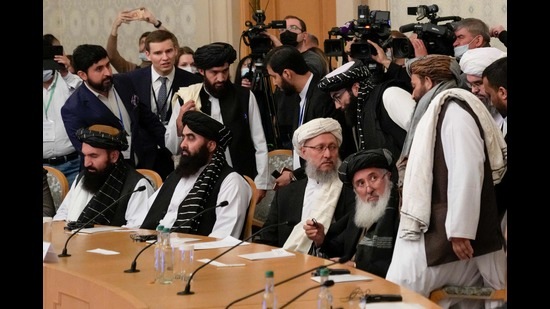 Members of the Taliban delegation, icluding deputy prime minister Abdul Salam Hanafi (C), attend an international conference on Afghanistan in Moscow on October 20, 2021. (AFP)