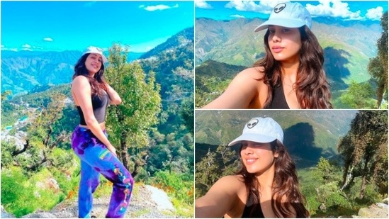 Janhvi Kapoor kept her look comfy yet trendy as she posed in a black crop top and tie-dye joggers. (Instagram/@janhvikapoor)