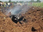 An IAF trainer jet crashed into a field in Bhind district of Madhya Pradesh on Thursday, 21 October 2021. (Screengrab from video)