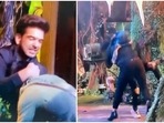 Karan Kundrra and Pratik Sehajpal during a fight. Karan Kundrra and Pratik Sehajpal during a fight.