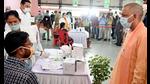 Uttar Pradesh chief minister Yogi Adityanath inspects a Covid vaccination centre during his visit to Saraswati Shishu Mandir, in Lucknow on Thursday. (ANI Photo) Uttar Pradesh chief minister Yogi Adityanath inspects a Covid vaccination centre during his visit to Saraswati Shishu Mandir, in Lucknow on Thursday. (ANI Photo)