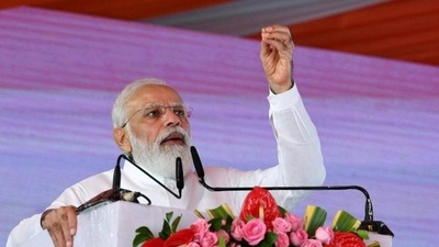 In this photo, Prime Minister Narendra Modi can be seen addressing a gathering in Kushinagar in Uttar Pradesh. (ANI)