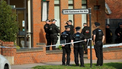Police officers at the scene where MP David Amess was stabbed during constituency surgery in Leigh-on-Sea. (Reuters File Photo)