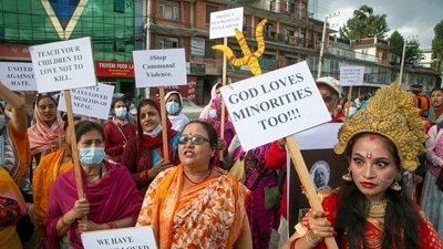A protest against the violence in Bangladesh, being held in Kathmandu. (AP Photo) A protest against the violence in Bangladesh, being held in Kathmandu. (AP Photo)