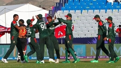 Bangladesh players celebrate the dismissal of Papua New Guinea's captain Assad Vala, second left, during the Cricket Twenty20 World Cup match between Bangladesh and Papua New Guinea in Muscat, Oman, Thursday, Oct. 21, 2021. (AP) Bangladesh players celebrate the dismissal of Papua New Guinea's captain Assad Vala, second left, during the Cricket Twenty20 World Cup match between Bangladesh and Papua New Guinea in Muscat, Oman, Thursday, Oct. 21, 2021. (AP)