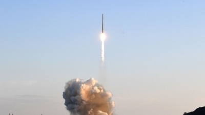 South Korea's first homegrown space rocket "Nuri" is launched at the Naro Space Centre in Goheung in South Jeolla Province, 473 kms south of Seoul on October 21, 2021. (AFP)