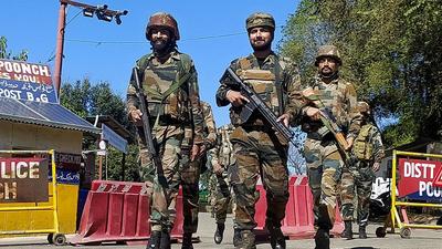 Jammu and Kashmir, Oct 21 (ANI): Security personnel passing through a check post near an encounter site at Bhimber Gali, in Poonch on Thursday. (ANI Photo) (Representative Image/HT File) Jammu and Kashmir, Oct 21 (ANI): Security personnel passing through a check post near an encounter site at Bhimber Gali, in Poonch on Thursday. (ANI Photo) (Representative Image/HT File)