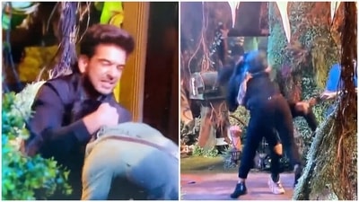 Karan Kundrra and Pratik Sehajpal during a fight. Karan Kundrra and Pratik Sehajpal during a fight.