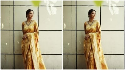 Assisted by fashion stylist Archa Mehta, Keerthy teamed her saree with a sleeveless blouse and opted for a minimal makeup look. In gold eyeshadow, maroon shade of lipstick, contoured cheeks, mascara-laden eyelashes and drawn eyebrows, Keerthy added a small black bindi and blended elegance with poise. (Instagram/@keerthysureshofficial) Assisted by fashion stylist Archa Mehta, Keerthy teamed her saree with a sleeveless blouse and opted for a minimal makeup look. In gold eyeshadow, maroon shade of lipstick, contoured cheeks, mascara-laden eyelashes and drawn eyebrows, Keerthy added a small black bindi and blended elegance with poise. (Instagram/@keerthysureshofficial)