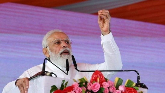In this photo, Prime Minister Narendra Modi can be seen addressing a gathering in Kushinagar in Uttar Pradesh.(ANI)