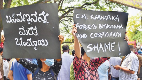 Protests against Karnataka CM Basavaraj Bommai over his ‘action-reaction’ statement and normalisation of 'hate-crime' by various pro-Hindu organisations, in Bengaluru on Thursday. (PTI)