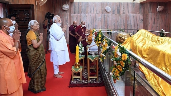 Prime Minister Narendra Modi, Uttar Pradesh Governor Anandiben Patel and Chief Minister Yogi Adityanath visit the Mahaparinirvana Temple, on the occasion of Abhidhamma Day, in Kushinagar.(ANI/ PIB)