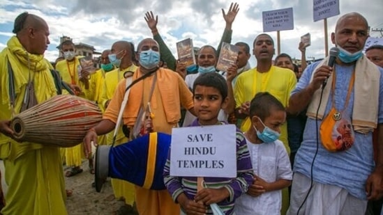 Members of Iskcon participate in a peaceful protest against the recent violence against Hindus in Bangladesh.(AP Photo)