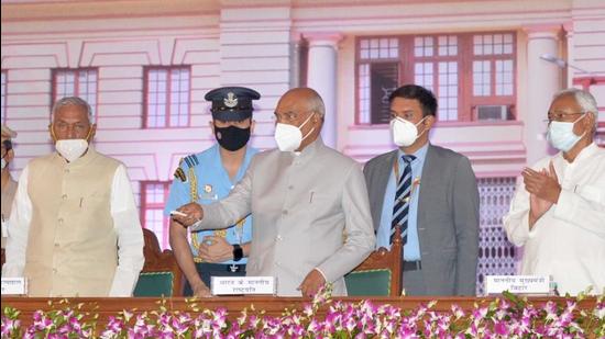 President Ram Nath Kovind Thursday said the centenary celebration of the Bihar Legislative Assembly building was a historic occasion for more than one reason, as it had also coincided with India crossing the 100-crore mark in Covid-19 vaccine jabs. (HT PHOTO)