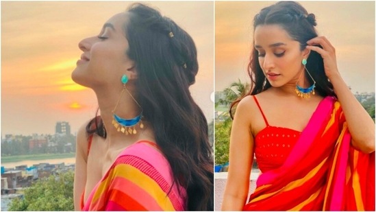 Shraddha Kapoor accessorised her look with a pair of long blue and golden earrings.(Instagram/@shraddhakapoor)