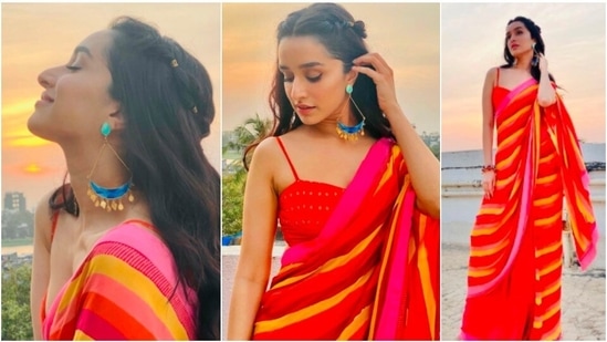 Shraddha Kapoor chose the perfect time of the day to get clicked. The colour of her saree matched the hues of the sunset.(Instagram/@shraddhakapoor)