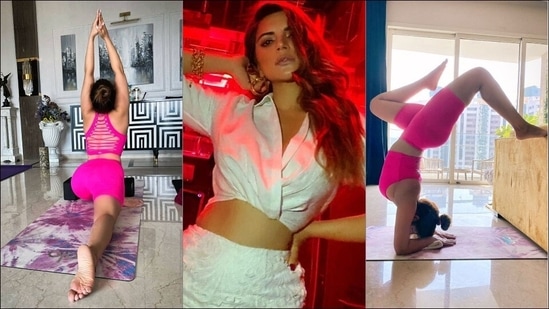 Shama Sikander inspires Hanumanasana, Vrischikasana variations during Yoga workout(Instagram/shamasikander)