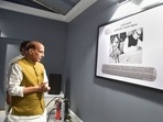 Union Defence Minister Rajnath Singh watches a photo exhibition during the celebrations of 'Swarnim Vijay Varsh of 1971 war victory against Pakistan', at Yelahanka Air Force Station in Bengaluru on Friday. (PTI) Union Defence Minister Rajnath Singh watches a photo exhibition during the celebrations of 'Swarnim Vijay Varsh of 1971 war victory against Pakistan', at Yelahanka Air Force Station in Bengaluru on Friday. (PTI)