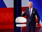 US president Joe Biden speaks during a town hall with CNN's Anderson Cooper at the Baltimore Center Stage Pearlstone Theater in Baltimore, Maryland, US on October 21, 2021.&nbsp;