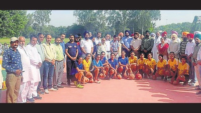 The inauguration of the basketball court underway at Government Girls Senior Secondary School, Sahnewal, on Friday.