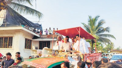 Karnataka chief minister Basavaraj Bommai during a road show in Hanagal constituency on Wednesday. (Twitter) Karnataka chief minister Basavaraj Bommai during a road show in Hanagal constituency on Wednesday. (Twitter)