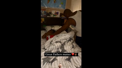 The image shows the dad trying to wake up his son. (Instagram/@meekypeek)