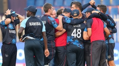 Nambian players celebrates after defeating Ireland by eight wickets in their Cricket Twenty20 World Cup first round match in Sharjah, UAE, Friday, Oct. 22, 2021. (AP) Nambian players celebrates after defeating Ireland by eight wickets in their Cricket Twenty20 World Cup first round match in Sharjah, UAE, Friday, Oct. 22, 2021. (AP)