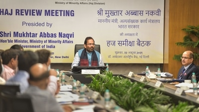 New Delhi: Union Minister for Minority Affairs Mukhtar Abbas Naqvi chairs Haj review meeting, in New Delhi, Friday. (PTI) New Delhi: Union Minister for Minority Affairs Mukhtar Abbas Naqvi chairs Haj review meeting, in New Delhi, Friday. (PTI)