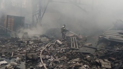 Firefighters work to put out a fire at a gunpowder and chemicals plant in Ryazan Region, Russia October 22, 2021.&nbsp; (via REUTERS)