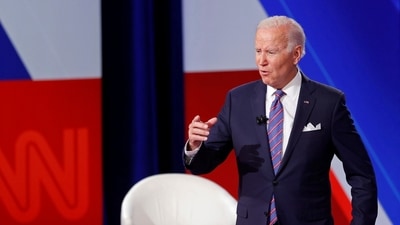 US president Joe Biden speaks during a town hall with CNN's Anderson Cooper at the Baltimore Center Stage Pearlstone Theater in Baltimore, Maryland, US on October 21, 2021.&nbsp; (REUTERS)