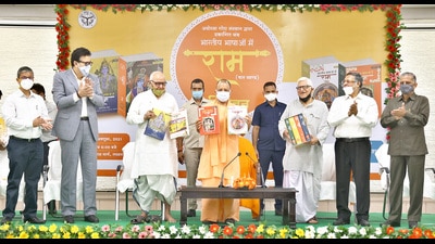 ‘Ram in Indian Languages’, a four-volume book, was released by Uttar Pradesh chief minister Yogi Adityanath, in Lucknow, on Friday. (HT Photo)