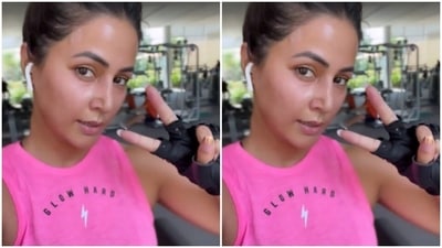 With her hair tied back in a knot, Hina posed for the camera inside the gym. (Instagram/@realhinakhan) With her hair tied back in a knot, Hina posed for the camera inside the gym. (Instagram/@realhinakhan)