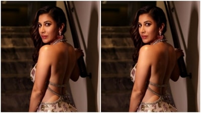 She opted for a cream white and gold embellished long gown from the designer’s wardrobe. (Instagram/@sophiechoudry)